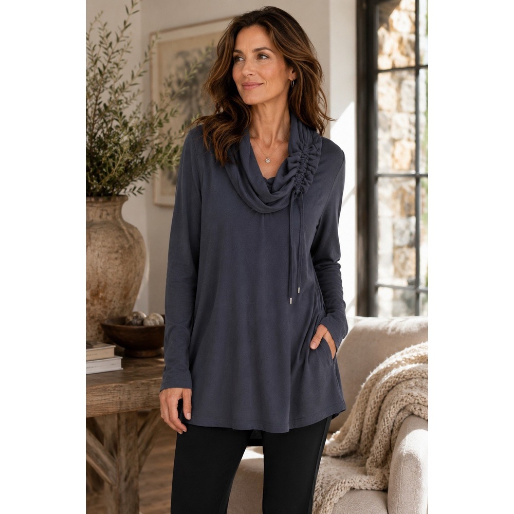 Soft Surroundings Cowl Neck Tunic Top Women's Large Charcoal Gray Long Sleeve